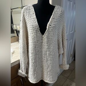 Free People Chunky V-Neck Cream Knit Sweater